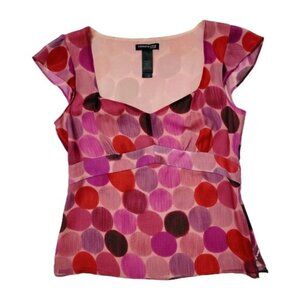 Kenneth Cole New York 100% Silk Blouse Women 6 Pink Polka Dot Sheer Cap Sleeve
